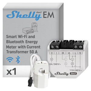 Shelly · Montaggio ad incasso · "EM" · Contatore elettrico · Max. 2x 120A · Senza terminali · Funzione di misurazione · WLAN